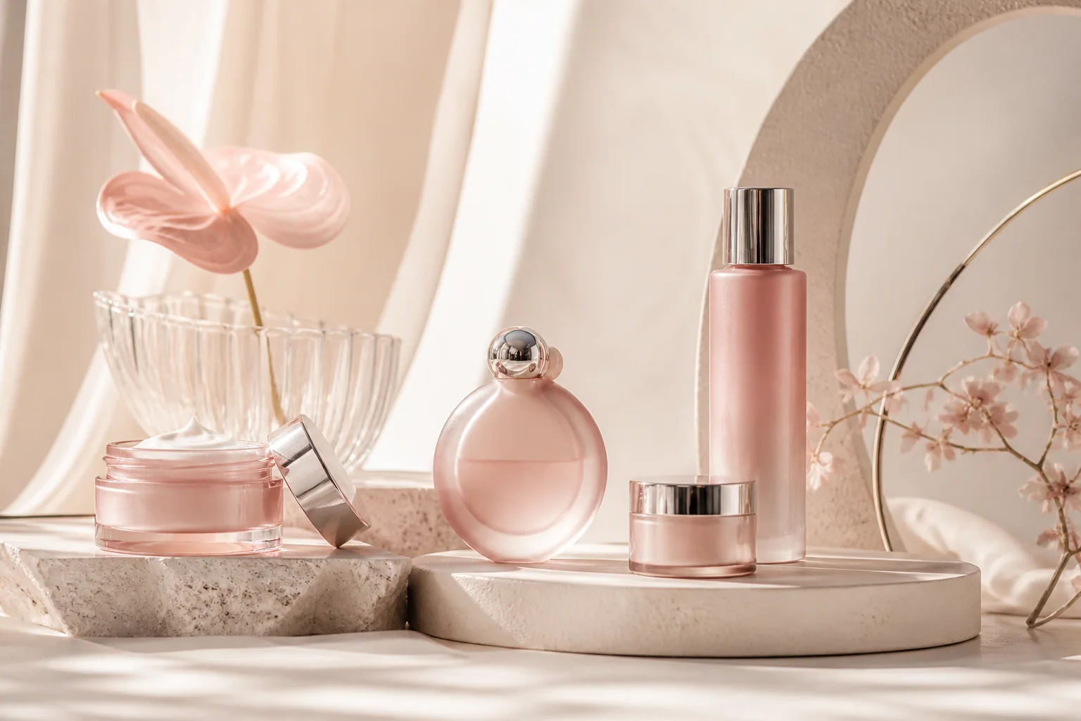 A beauty-product experience in soft pink and cream tones