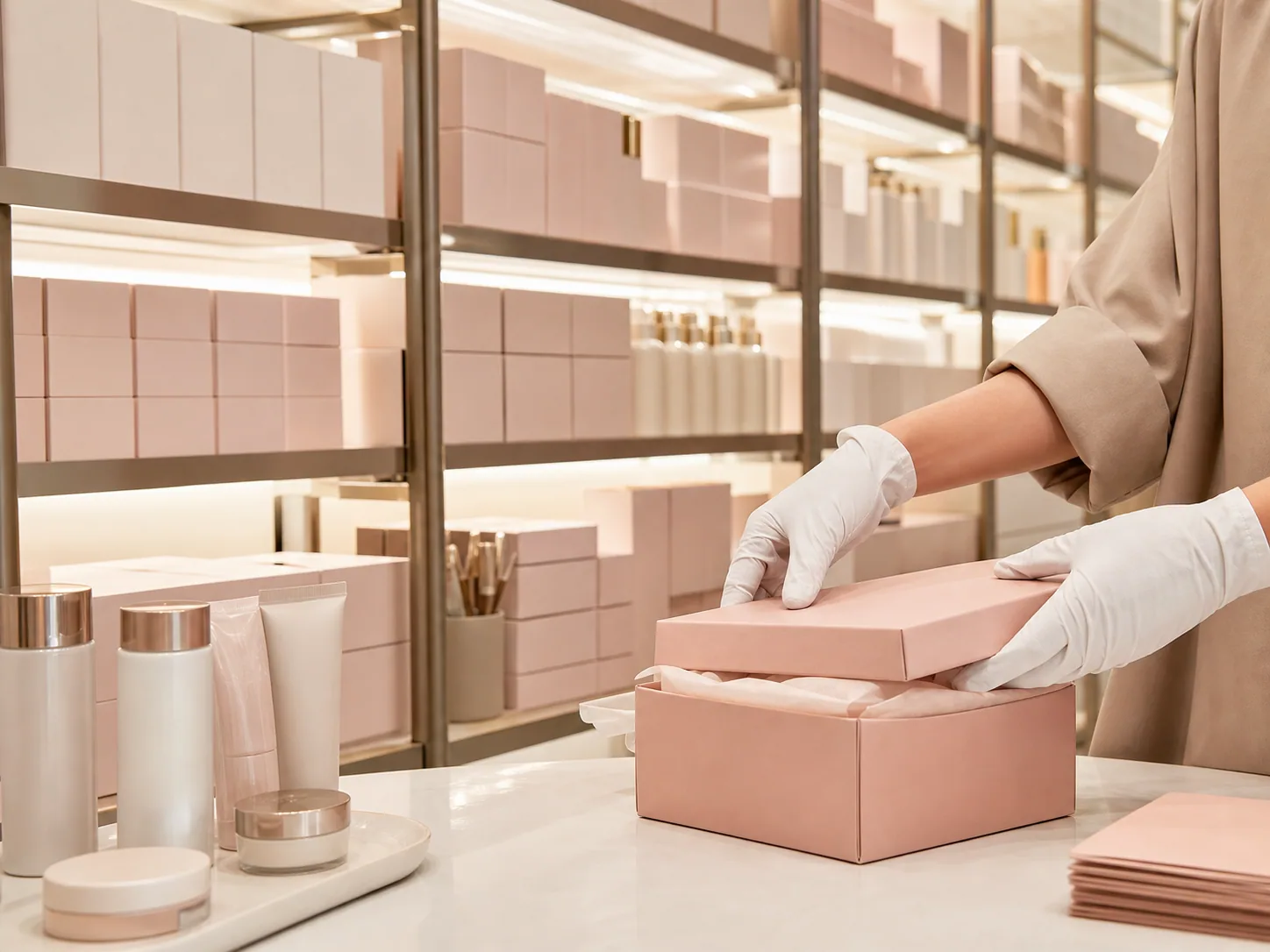 An organised beauty fulfilment and packaging scene