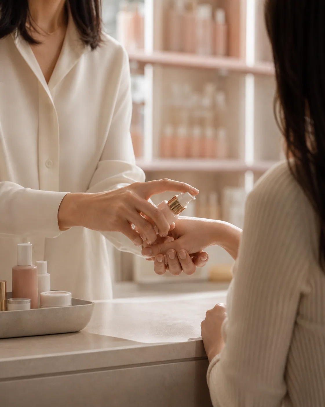 A beauty consultant providing an in-store product trial