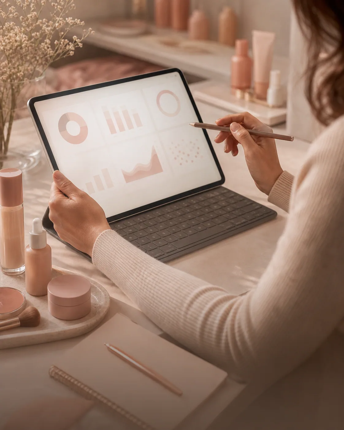 A store operator reviewing beauty retail performance data