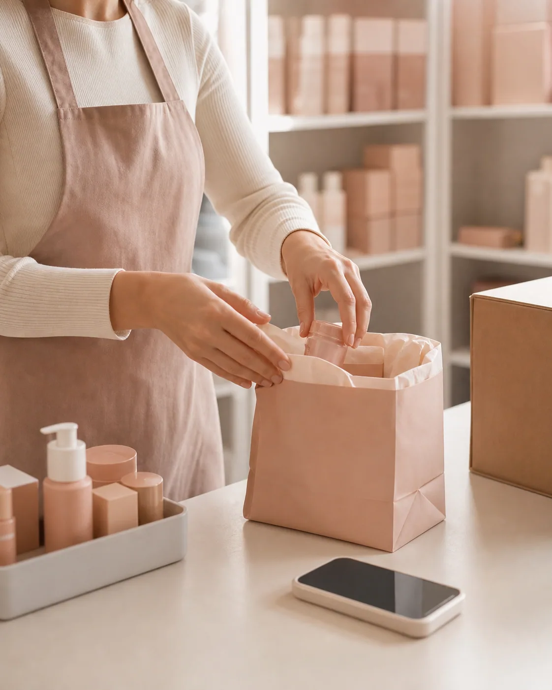 A store team member preparing a beauty order for delivery