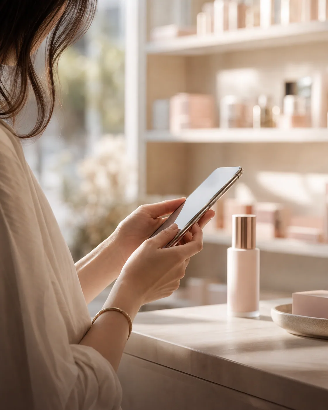 A customer using a mobile phone in a community beauty store